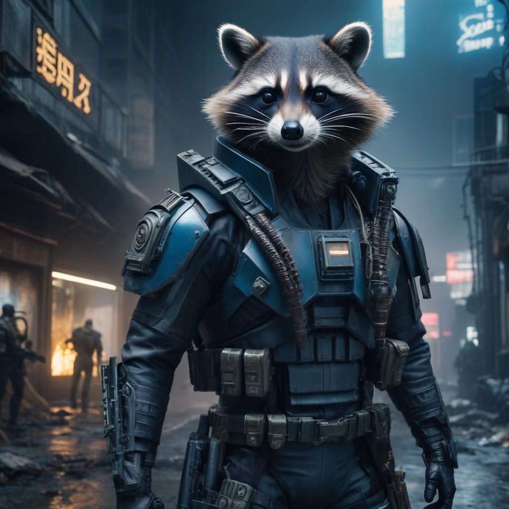  steamy cyberpunk, robocop raccoon, post apocalypse, devastation and decay, nightmare come true. hyperrealistic, full body, detailed clothing, highly detailed, cinematic lighting, stunningly beautiful, intricate, sharp focus, f/1. 8, 85mm, (centered image composition), (professionally color graded), ((bright soft diffused light)), volumetric fog, trending on instagram, trending on tumblr, HDR 4K, 8K