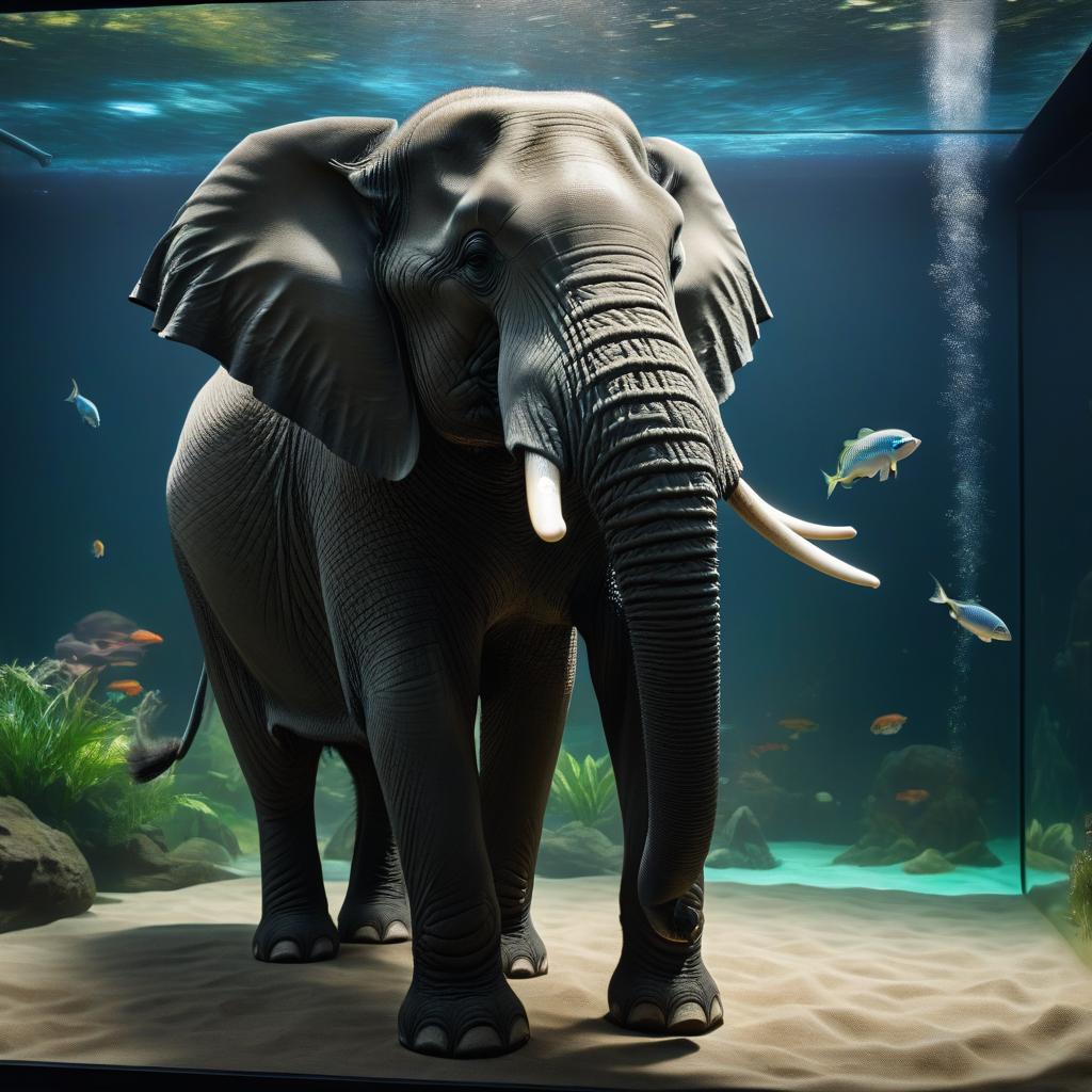  A painting on a sheet of paper, a full sized elephant in an aquarium, 4k. hyperrealistic, full body, detailed clothing, highly detailed, cinematic lighting, stunningly beautiful, intricate, sharp focus, f/1. 8, 85mm, (centered image composition), (professionally color graded), ((bright soft diffused light)), volumetric fog, trending on instagram, trending on tumblr, HDR 4K, 8K