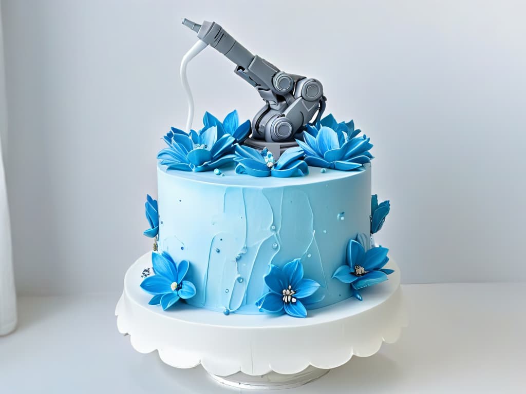  An image showcasing a sleek, futuristic robotic arm delicately piping intricate floral designs onto a multitiered wedding cake. The robotic arm is silver with neon blue accents, standing out against the soft pastel colors of the cake layers. Each petal and swirl of frosting is perfectly placed, highlighting the seamless blend of artistry and technology in cake decoration. The background is a clean, white surface, emphasizing the precision and elegance of the robotic process. hyperrealistic, full body, detailed clothing, highly detailed, cinematic lighting, stunningly beautiful, intricate, sharp focus, f/1. 8, 85mm, (centered image composition), (professionally color graded), ((bright soft diffused light)), volumetric fog, trending on instagram, trending on tumblr, HDR 4K, 8K