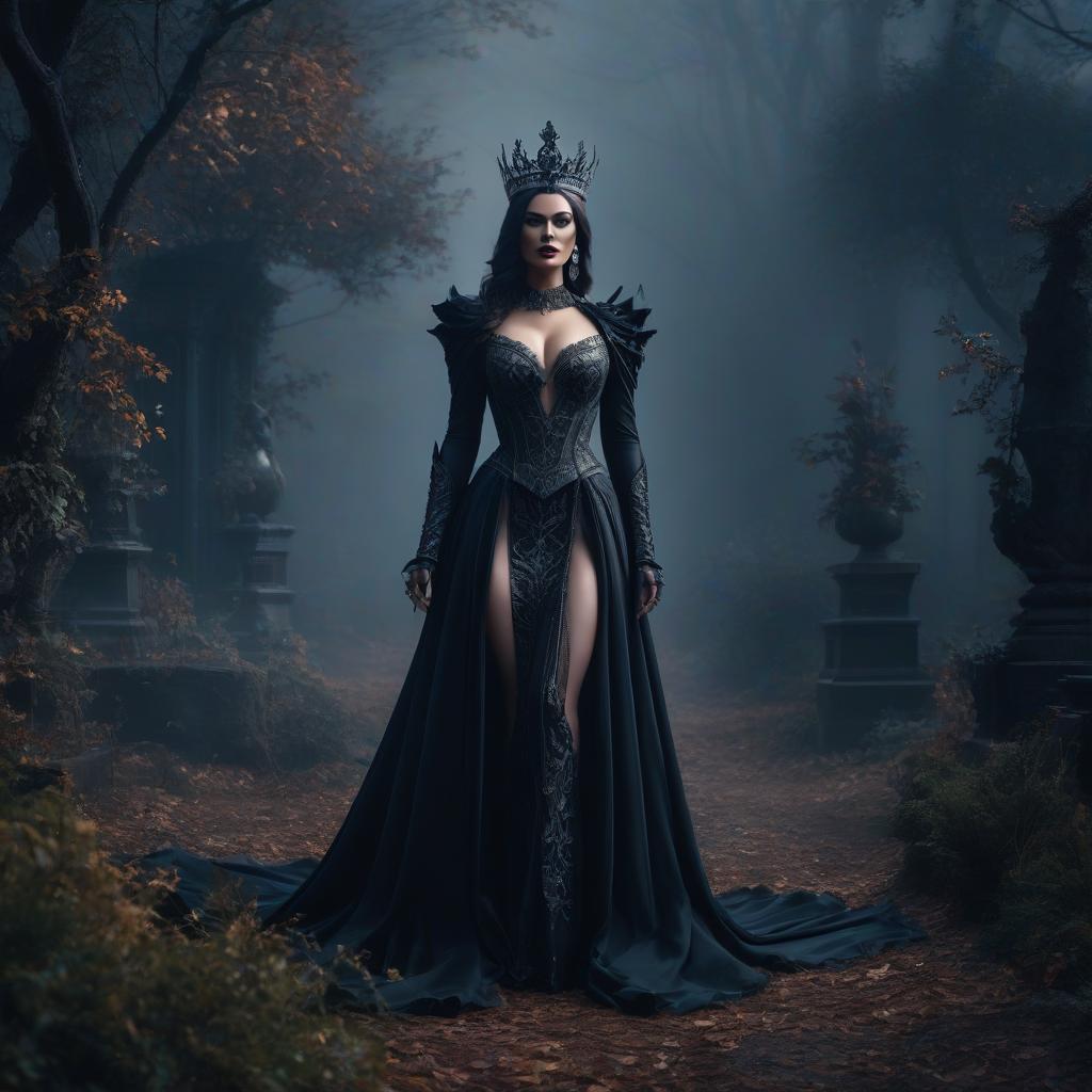  dark queen, style art, 8k hyperrealistic, full body, detailed clothing, highly detailed, cinematic lighting, stunningly beautiful, intricate, sharp focus, f/1. 8, 85mm, (centered image composition), (professionally color graded), ((bright soft diffused light)), volumetric fog, trending on instagram, trending on tumblr, HDR 4K, 8K