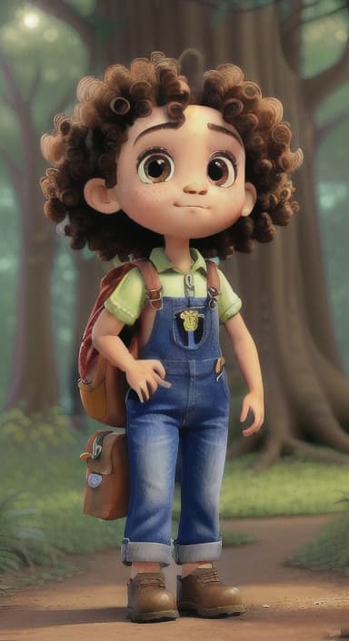  {The tree with a twinkling eye, while its leaves gently rustle., Riley, a curious with big brown eyes and curly hair, wearing overalls and carrying a small backpack. Their friend, Skye, a bluebird with shiny feathers.