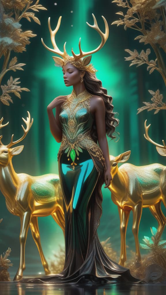  photo RAW, (Black, petrol and green:   ( real hyperdetailed brown woman:1.7), (standing by extremely delicate iridiscent deer:1.5), tiny golden accents, beautifully and intricately detailed, ethereal glow, whimsical, art by Mschiffer, best quality, glass art, magical holographic glow, shiny aura, highly detailed, gold and coral filigree, intricate motifs, organic tracery, Januz Miralles, Hikari Shimoda, glowing stardust by W. Zelmer, perfect composition, smooth, sharp focus, sparkling particles, lively coral reef background Realistic, realism, hd, 35mm photograph, 8k), masterpiece, award winning photography, natural light, perfect composition, high detail, hyper realistic, hyper detailed background)