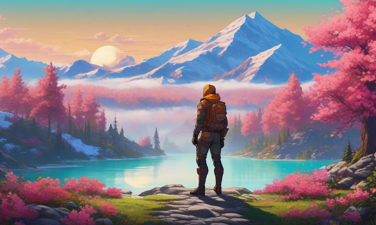  retro game art A wide gravel mountain road, extending far beyond the horizon. To the left is a wide mountain lake, to the right a dense forest. In the background are high mountains with pointed snow covered peaks. Along the shore of the lake and in the forest, large mountain flowers are blooming. In the sky, a bright sun shines, illuminating the snowy peaks and reflecting in the water. . 16 bit, vibrant colors, pixelated, nostalgic, charming, fun hyperrealistic, full body, detailed clothing, highly detailed, cinematic lighting, stunningly beautiful, intricate, sharp focus, f/1. 8, 85mm, (centered image composition), (professionally color graded), ((bright soft diffused light)), volumetric fog, trending on instagram, trending on tumblr, HDR 4K, 8K