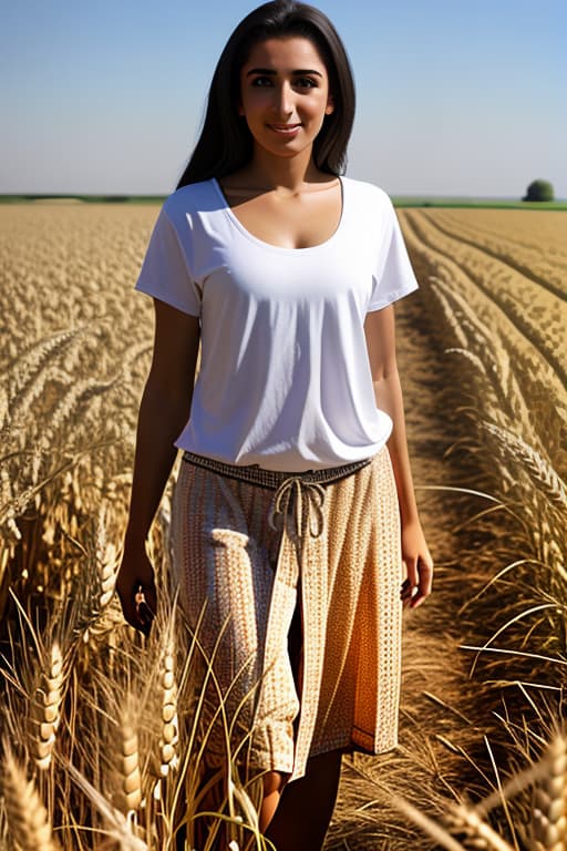  Middle eastern female, full body picture pose, tall wheat, field, farm