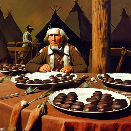  Daniel Boone in Indians at Fort Boonsboro Kentucky Foreground plates of fine dark chocolates on a table. Background Fort Boonsboro Indians soldiers teepees Painting style of Edgar Degas