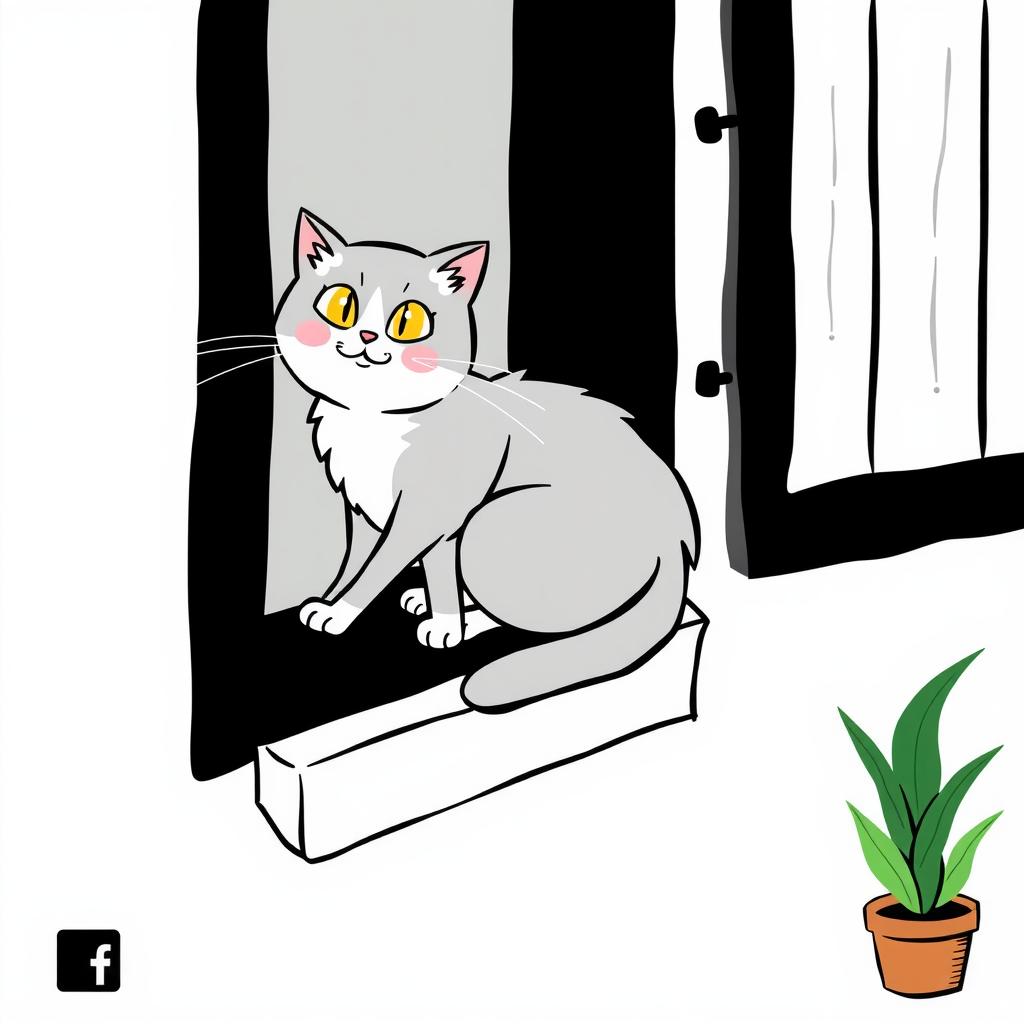  draw a cute cat sitting on a windowsill with a potted plant next to it