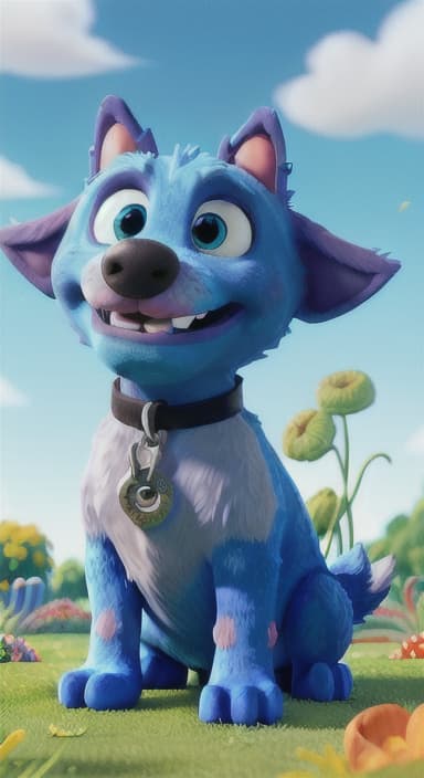  {Max carefully picking up the ball with his teeth without disturbing the flowers, The big blue dog is large with sky blue fur, big round eyes, a black nose, and floppy ears.