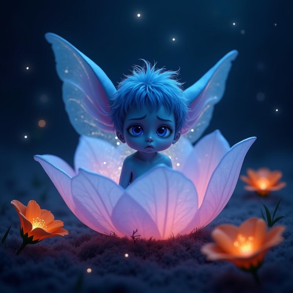  good quality, high quality, a small blue fairy with large ears sitting inside a glowing translucent flower, with a dark blue background and orange flowers in the foreground, the fairy is glowing with blue light, the flower is glowing with pink and purple light. the background is full of small white stars. the fairy has a sad expression. the image should be in a realistic style.