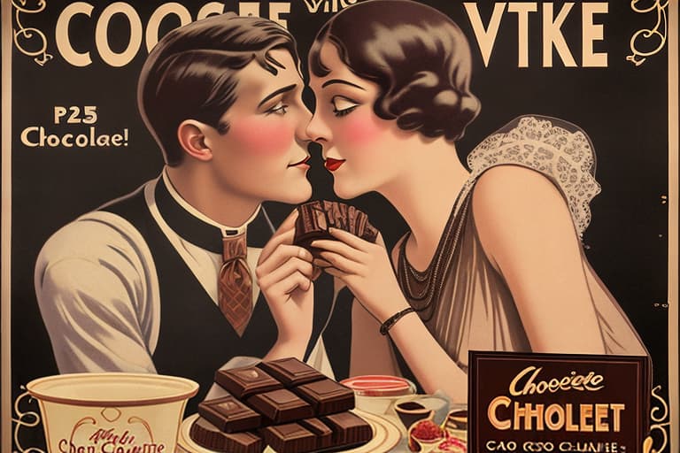  Vintage 1920’s chocolate advertising posters with a romantic couple. Foreground, pieces of fine dark chocolate in candy cups