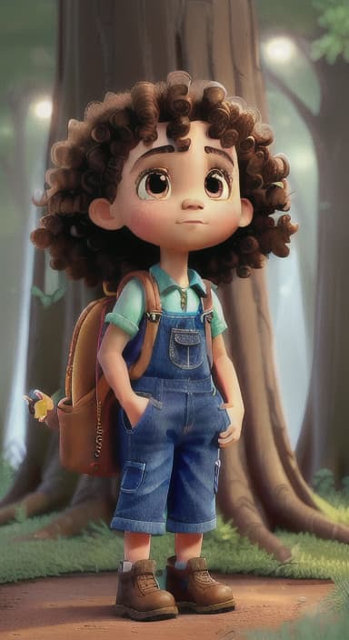  {The tree shining brightly and releasing a gentle, magical light., Riley, a curious with big brown eyes and curly hair, wearing overalls and carrying a small backpack. Their friend, Skye, a bluebird with shiny feathers.