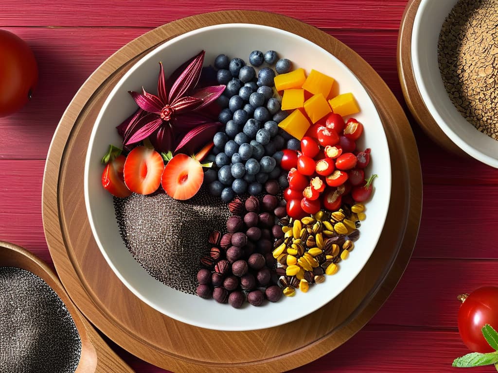  A highresolution image of a sleek, modern kitchen countertop adorned with vibrant bowls of colorful superfoods like acai berries, chia seeds, goji berries, and cacao nibs arranged in an aesthetically pleasing and symmetrical pattern. The image captures the essence of healthy eating and culinary creativity, with soft natural lighting enhancing the rich hues and textures of the superfoods, creating a visually appealing and inviting scene that resonates with the theme of transforming desserts into nutritious powerhouses. hyperrealistic, full body, detailed clothing, highly detailed, cinematic lighting, stunningly beautiful, intricate, sharp focus, f/1. 8, 85mm, (centered image composition), (professionally color graded), ((bright soft diffused light)), volumetric fog, trending on instagram, trending on tumblr, HDR 4K, 8K