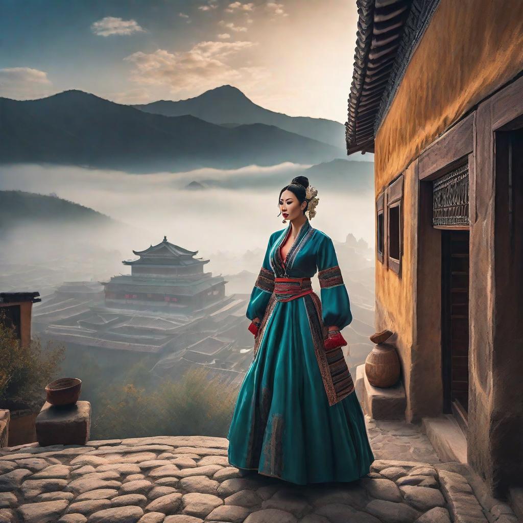  Pueblo antigua china hyperrealistic, full body, detailed clothing, highly detailed, cinematic lighting, stunningly beautiful, intricate, sharp focus, f/1. 8, 85mm, (centered image composition), (professionally color graded), ((bright soft diffused light)), volumetric fog, trending on instagram, trending on tumblr, HDR 4K, 8K