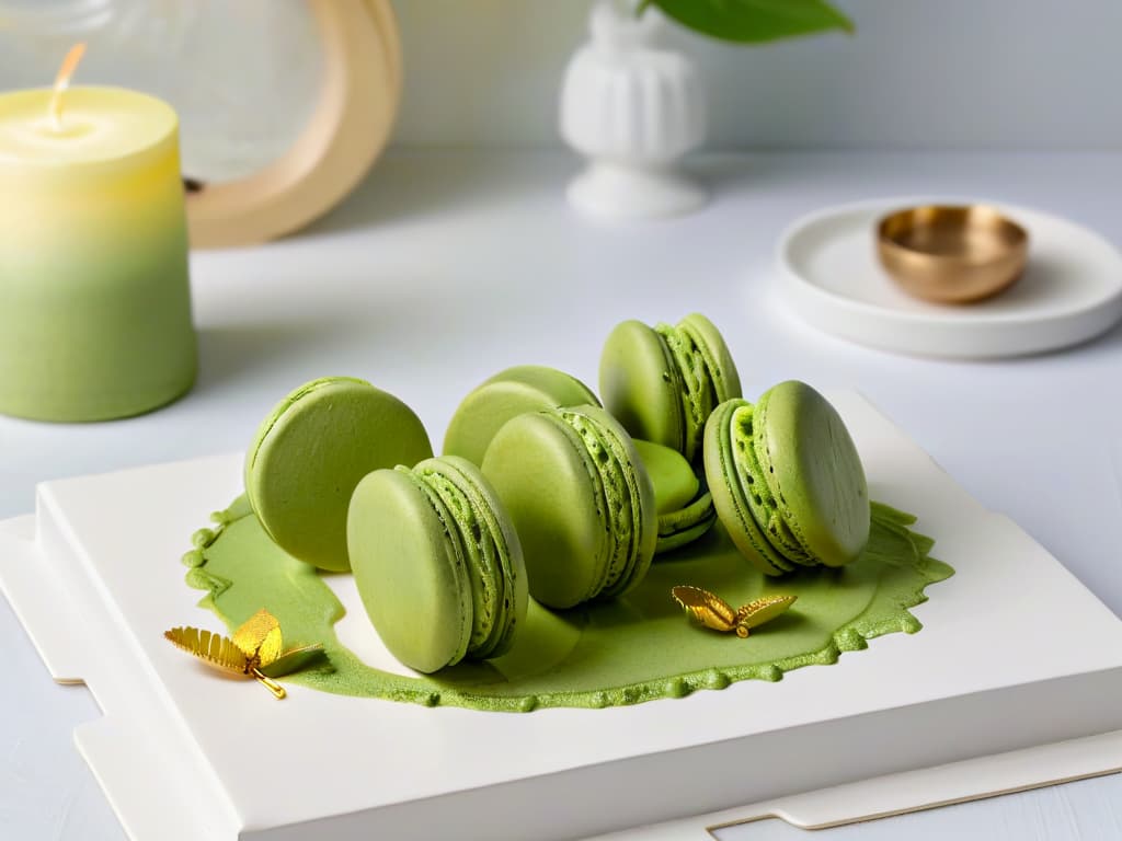  A closeup, ultradetailed image of a delicate matcha green tea macaron with a perfectly smooth surface, adorned with a single edible gold leaf, resting on a pristine white porcelain plate. The macaron is set against a soft, blurred background that subtly hints at a traditional Japanese tea room, with a faint silhouette of a bamboo whisk and a ceramic tea bowl. The vibrant green color of the macaron is captured with such precision that the fine specks of powdered matcha are clearly visible, creating a visually striking and minimalist composition that evokes both elegance and the essence of Asian pastry artistry. hyperrealistic, full body, detailed clothing, highly detailed, cinematic lighting, stunningly beautiful, intricate, sharp focus, f/1. 8, 85mm, (centered image composition), (professionally color graded), ((bright soft diffused light)), volumetric fog, trending on instagram, trending on tumblr, HDR 4K, 8K