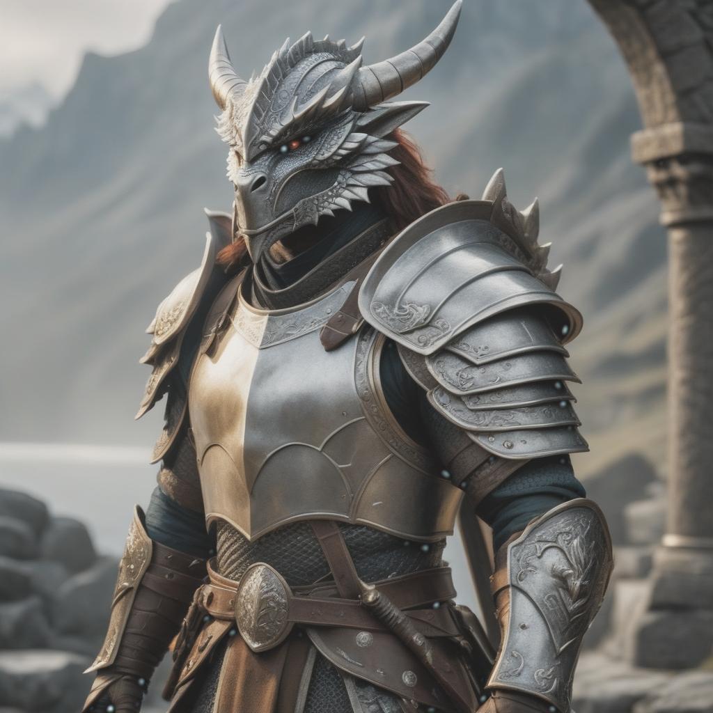  A dragonborn with silver scales A paladin with a shield and a sword hyperrealistic, full body, detailed clothing, highly detailed, cinematic lighting, stunningly beautiful, intricate, sharp focus, f/1. 8, 85mm, (centered image composition), (professionally color graded), ((bright soft diffused light)), volumetric fog, trending on instagram, trending on tumblr, HDR 4K, 8K