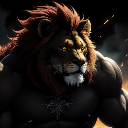  The Lion of Hell, mythological Lion, close-up, in Marvel style cartoon,An imposing mixture of 2 creatures (lion and hyena) Gigachad, he is black and auburn tabby, large teeth, in the savannah of Hell, glaucous and dark savannah, the moon illuminates the savannah, he is angry, muscular, imposing, mouth open, angry, attacks the camera,, Artstation, by WLOP, by Yoshitaka Amano, Illustration, Doodle, Hand-Drawn, Ink, Artwork, Gouache Paint, Lightpainting, Cinematic, Triadic-Colors, Tones of Black, High Contrast, 16k, insanely detailed and intricate, hypermaximalist, elegant, ornate, hyper realistic, super detailed, Mysterious