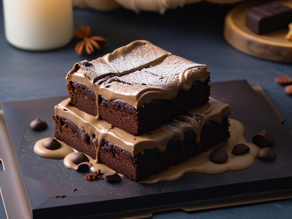  A closeup, ultradetailed image of a fudgy brownie square being broken in half, revealing a gooey, chocolatey interior with visible chunks of melted chocolate and a glossy, slightly cracked top. The brownie sits on a sleek, matte black plate, showcasing its rich texture and decadent quality. hyperrealistic, full body, detailed clothing, highly detailed, cinematic lighting, stunningly beautiful, intricate, sharp focus, f/1. 8, 85mm, (centered image composition), (professionally color graded), ((bright soft diffused light)), volumetric fog, trending on instagram, trending on tumblr, HDR 4K, 8K