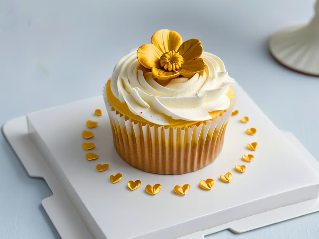  A closeup, ultradetailed image of a beautifully decorated glutenfree cupcake with intricate frosting swirls, delicate edible flowers, and shimmering gold leaf accents on a pristine white plate. hyperrealistic, full body, detailed clothing, highly detailed, cinematic lighting, stunningly beautiful, intricate, sharp focus, f/1. 8, 85mm, (centered image composition), (professionally color graded), ((bright soft diffused light)), volumetric fog, trending on instagram, trending on tumblr, HDR 4K, 8K