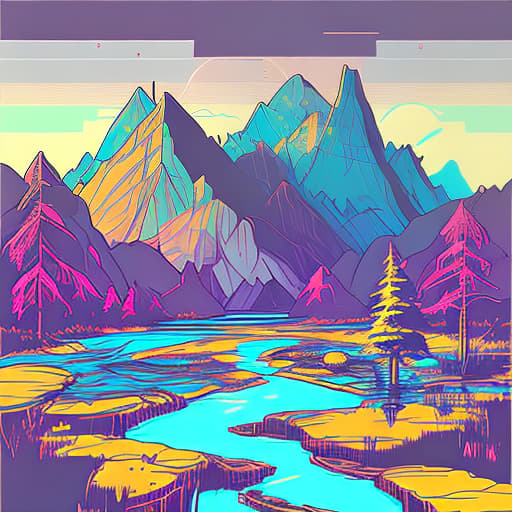 nvinkpunk Whimsical mountains with pond and trees in valley