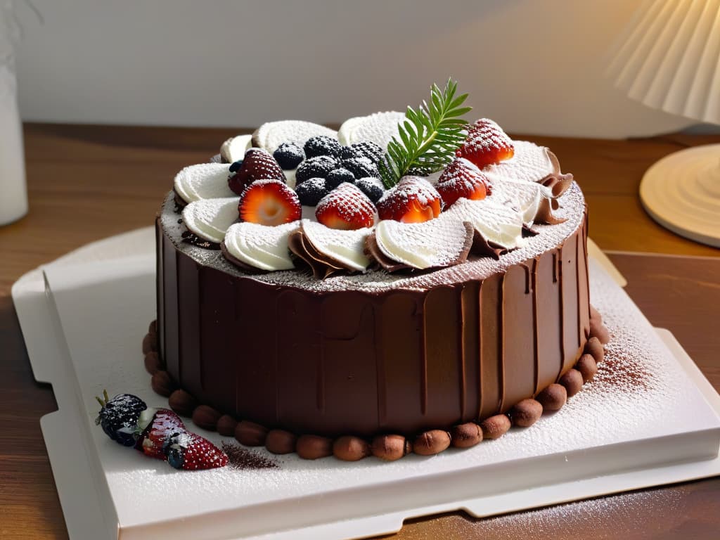  A minimalistic image of a beautifully decorated Yule log cake, with delicate chocolate shavings, dusted with powdered sugar, and adorned with fresh berries and greenery, placed on a sleek marble countertop under soft, natural lighting that highlights the intricate details of the dessert. hyperrealistic, full body, detailed clothing, highly detailed, cinematic lighting, stunningly beautiful, intricate, sharp focus, f/1. 8, 85mm, (centered image composition), (professionally color graded), ((bright soft diffused light)), volumetric fog, trending on instagram, trending on tumblr, HDR 4K, 8K