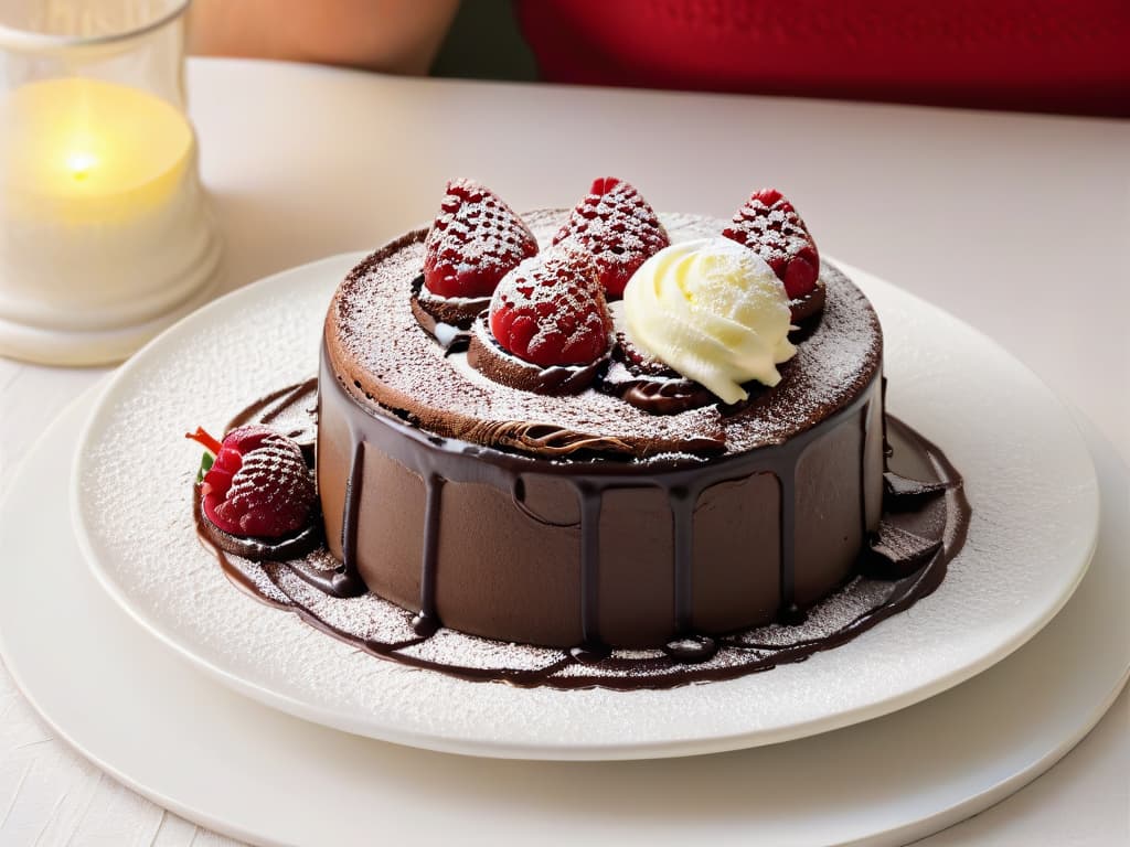  A closeup, photorealistic image of a decadent chocolate lava cake oozing with warm molten chocolate, topped with a scoop of creamy vanilla ice cream, fresh raspberries, and a dusting of powdered sugar. The dessert is elegantly presented on a white plate with intricate swirls of chocolate sauce drizzled around it, set against a softfocus background of a cozy cafe ambiance with warm lighting and blurred silhouettes of people enjoying desserts in the background. hyperrealistic, full body, detailed clothing, highly detailed, cinematic lighting, stunningly beautiful, intricate, sharp focus, f/1. 8, 85mm, (centered image composition), (professionally color graded), ((bright soft diffused light)), volumetric fog, trending on instagram, trending on tumblr, HDR 4K, 8K