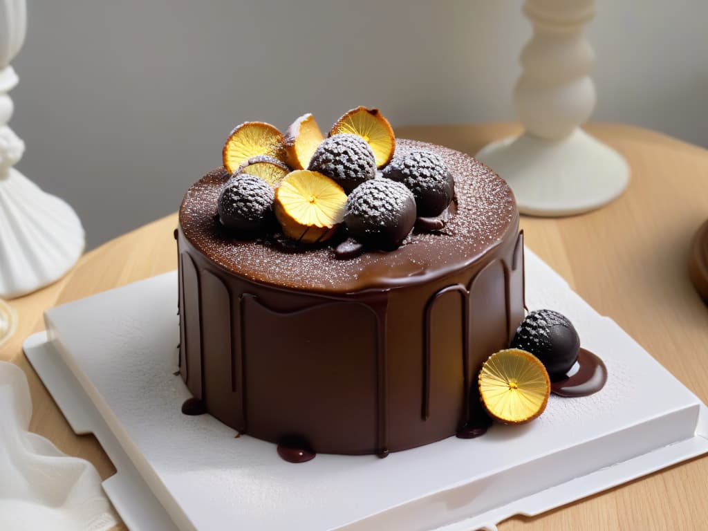  An ultradetailed closeup image of a decadent truffleinfused chocolate cake, showcasing intricate layers of moist chocolate sponge, rich truffle ganache, and delicate chocolate shavings on top. The cake is elegantly presented on a sleek, white porcelain plate, with a dusting of edible gold leaf adding a touch of luxury. The lighting is soft yet highlights the glossy sheen of the ganache, creating a visually stunning and mouthwatering image that captures the essence of innovation and indulgence in truffleinfused pastries. hyperrealistic, full body, detailed clothing, highly detailed, cinematic lighting, stunningly beautiful, intricate, sharp focus, f/1. 8, 85mm, (centered image composition), (professionally color graded), ((bright soft diffused light)), volumetric fog, trending on instagram, trending on tumblr, HDR 4K, 8K