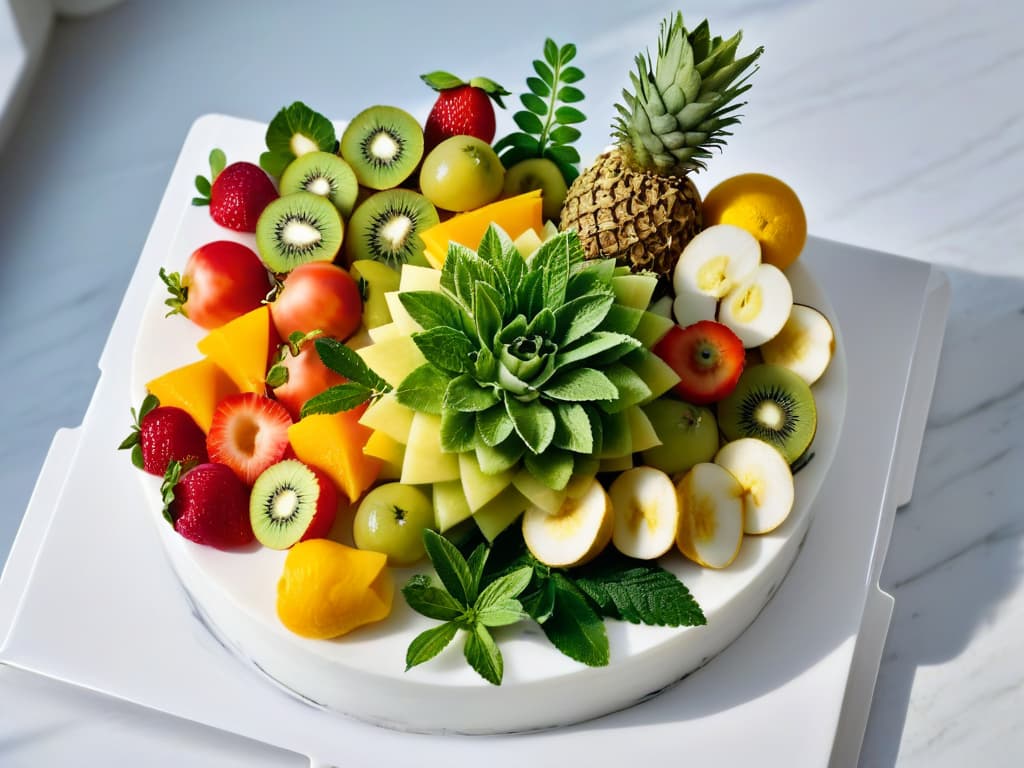  A closeup, ultradetailed photograph of a variety of vibrant, fresh fruits and herbs neatly arranged on a sleek, modern marble countertop. The colors of the fruits pop against the white marble, showcasing a visually striking contrast. Each ingredient is impeccably styled, emanating a sense of freshness and organic beauty. The image conveys a sense of precision and artistry, making the viewer feel inspired to create their own vegan extracts for baking. hyperrealistic, full body, detailed clothing, highly detailed, cinematic lighting, stunningly beautiful, intricate, sharp focus, f/1. 8, 85mm, (centered image composition), (professionally color graded), ((bright soft diffused light)), volumetric fog, trending on instagram, trending on tumblr, HDR 4K, 8K