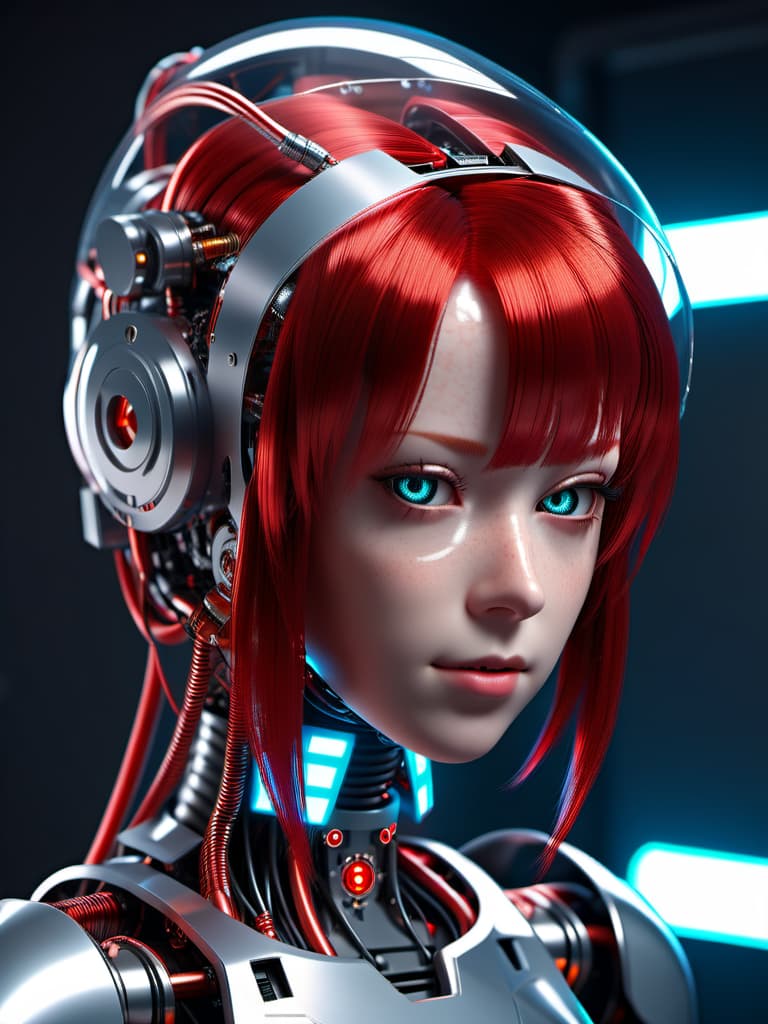  cybernetic robot Girl with red hair, in a vacuum pack from which the air has been removed . android, AI, machine, metal, wires, tech, futuristic, highly detailed