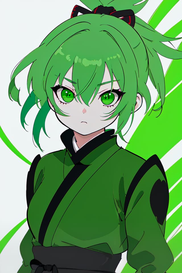  Green hair character Iga Ninja, detailed subject, precision shadow, delicate linear, detailed fine line, ultra high image quality, 4K, 8K