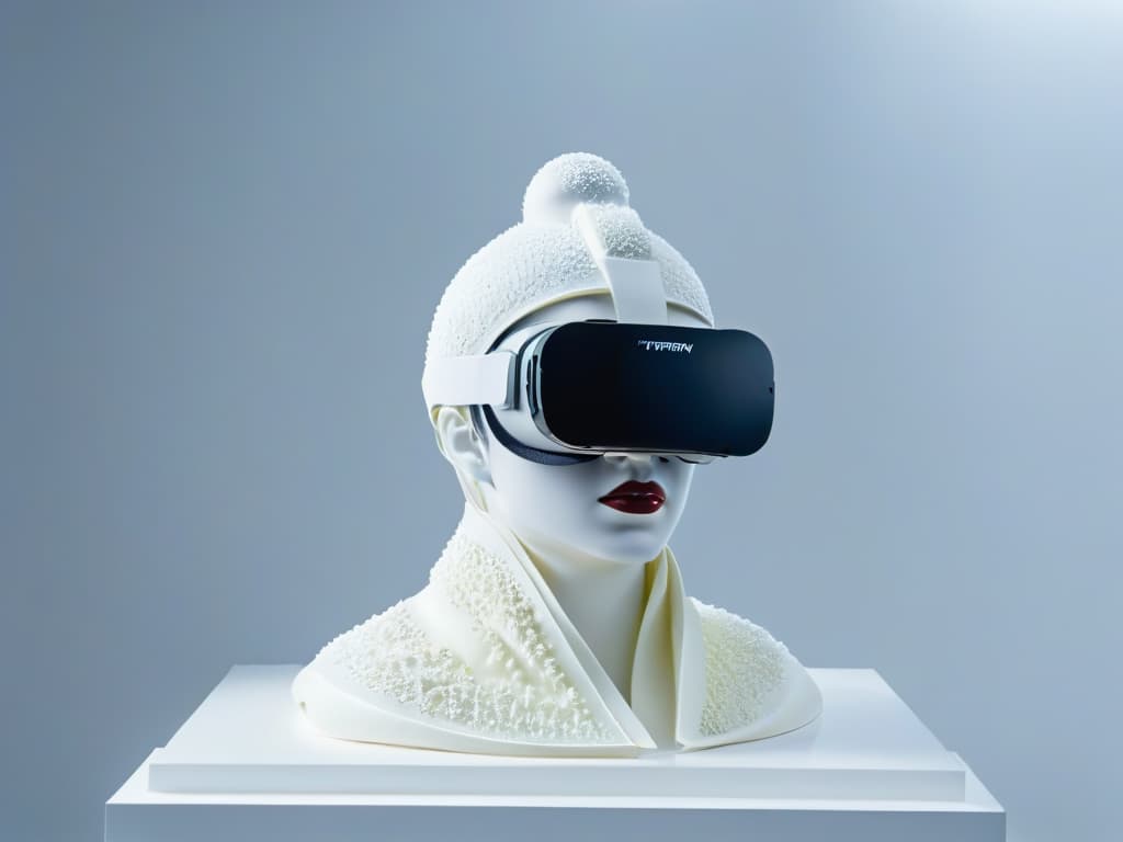  An ultradetailed, 8k resolution image of a sleek, futuristic virtual reality headset designed specifically for pastry chefs, adorned with intricate sugar sculptures and delicate chocolate work. The headset is subtly integrated with advanced culinary tools like piping bags and mixing bowls, all set against a clean, minimalist backdrop to emphasize the seamless fusion of technology and pastry artistry. hyperrealistic, full body, detailed clothing, highly detailed, cinematic lighting, stunningly beautiful, intricate, sharp focus, f/1. 8, 85mm, (centered image composition), (professionally color graded), ((bright soft diffused light)), volumetric fog, trending on instagram, trending on tumblr, HDR 4K, 8K