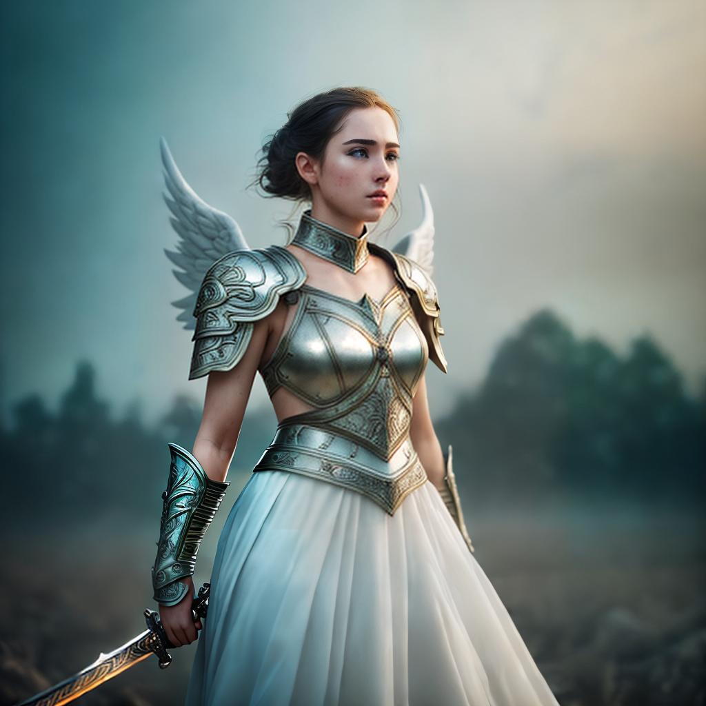  A girl with full-length angel wings stands leaning her forehead on her sword. She wears a light white dress  Her face reflects battle fatigue and determination ,highly detailed, cinematic lighting, stunningly beautiful, intricate, sharp focus, f1. 8, 85mm, (centered image composition), (professionally color graded), ((bright soft diffused light)), volumetric fog, trending on instagram, trending on tumblr, HDR 4K, 8K