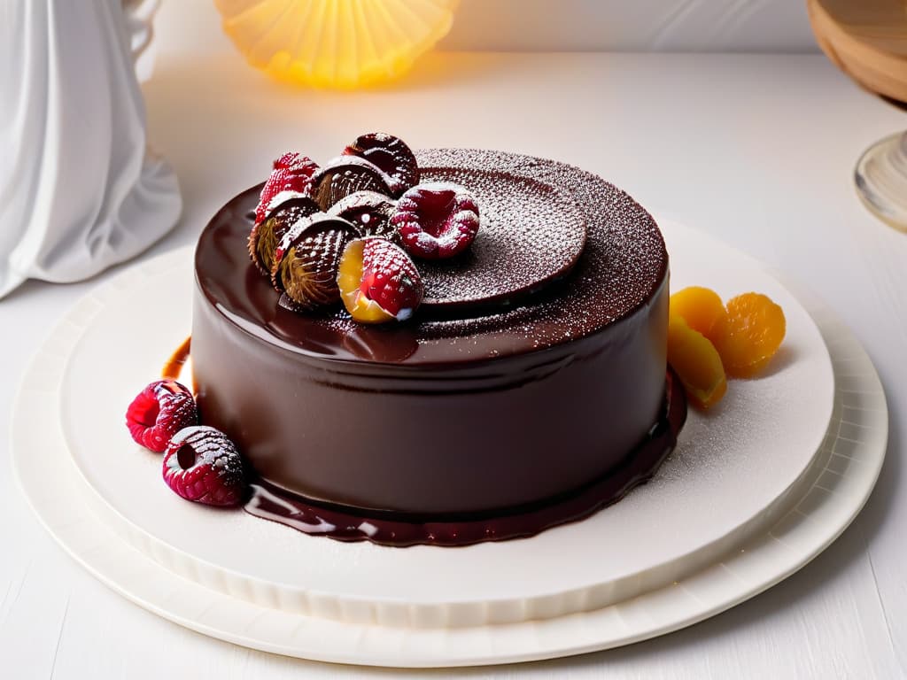  An ultradetailed closeup image of a perfectly sliced Sacher Torte placed on a delicate white porcelain plate, showcasing its layers of rich chocolate cake and apricot jam filling, topped with a glossy chocolate glaze and a single elegant raspberry on top. The lighting highlights the textures of the cake, with the raspberry glistening in the background, creating a visually striking and tempting minimalist composition. hyperrealistic, full body, detailed clothing, highly detailed, cinematic lighting, stunningly beautiful, intricate, sharp focus, f/1. 8, 85mm, (centered image composition), (professionally color graded), ((bright soft diffused light)), volumetric fog, trending on instagram, trending on tumblr, HDR 4K, 8K