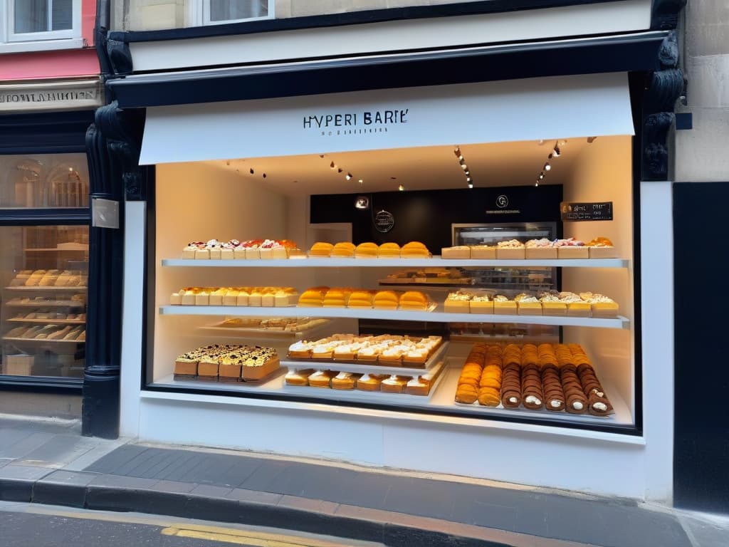  An ultradetailed image of a minimalist bakery storefront, featuring a sleek, modern design with a large window showcasing a stunning display of themed pastries and desserts. The storefront is adorned with subtle branding elements that seamlessly integrate with the overall aesthetic, creating a visually appealing and inviting atmosphere for customers. The image captures the essence of unique thematic merchandising in the realm of pastry, evoking a sense of professionalism and inspiration. hyperrealistic, full body, detailed clothing, highly detailed, cinematic lighting, stunningly beautiful, intricate, sharp focus, f/1. 8, 85mm, (centered image composition), (professionally color graded), ((bright soft diffused light)), volumetric fog, trending on instagram, trending on tumblr, HDR 4K, 8K