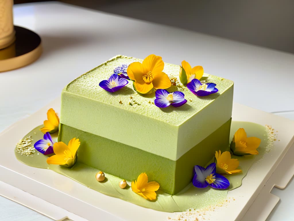  An ultradetailed image of a beautifully crafted dessert that combines elements from different culinary traditions, such as a matcha green tea tiramisu topped with delicate edible flowers and gold leaf accents. The dessert is elegantly presented on a sleek, modern plate against a soft, blurred background to emphasize the intricate details and vibrant colors of the fusion creation. hyperrealistic, full body, detailed clothing, highly detailed, cinematic lighting, stunningly beautiful, intricate, sharp focus, f/1. 8, 85mm, (centered image composition), (professionally color graded), ((bright soft diffused light)), volumetric fog, trending on instagram, trending on tumblr, HDR 4K, 8K