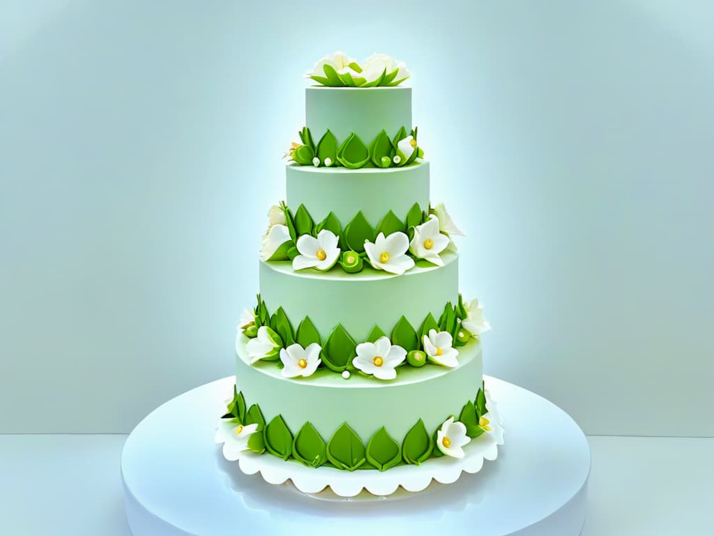  A highresolution, ultradetailed image of an elegant threetiered wedding cake, meticulously decorated with intricate sugar flowers in pastel colors, sitting on a sleek white pedestal against a softfocused background. The delicate petals, realistic green leaves, and tiny edible pearls shimmer under soft, diffused light, creating a mesmerizing and sophisticated visual feast for the eyes. hyperrealistic, full body, detailed clothing, highly detailed, cinematic lighting, stunningly beautiful, intricate, sharp focus, f/1. 8, 85mm, (centered image composition), (professionally color graded), ((bright soft diffused light)), volumetric fog, trending on instagram, trending on tumblr, HDR 4K, 8K