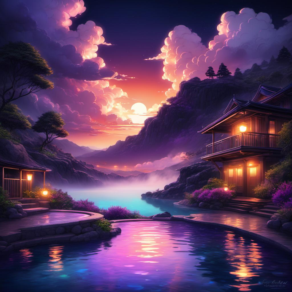  Hot Springs, Thermal Pools, clouds, dark perple colors, vivid, highly detailed, anime style, hand-drawn, combined with digital art, night, whimsical, (enchanting atmosphere:1.1), warm lighting , depth of field, Wacom Cintiq, Adobe Photoshop, 300 DPI, (hdr:1.2)