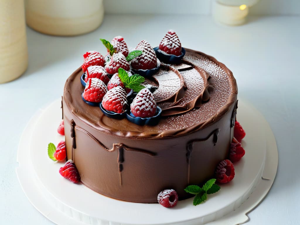  A closeup, ultradetailed image of a perfectly frosted vegan and organic chocolate cake, adorned with fresh raspberries and mint leaves on top. The cake sits on a sleek, white marble cake stand, with soft natural light illuminating the glossy frosting, showcasing intricate swirls and texture details. The raspberries glisten with freshness, and the mint leaves add a pop of vibrant green, creating a visually stunning and appetizing minimalistic composition. hyperrealistic, full body, detailed clothing, highly detailed, cinematic lighting, stunningly beautiful, intricate, sharp focus, f/1. 8, 85mm, (centered image composition), (professionally color graded), ((bright soft diffused light)), volumetric fog, trending on instagram, trending on tumblr, HDR 4K, 8K