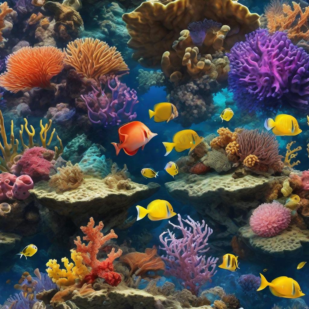  masterpiece, best quality, beautiful deep sea full of corals, diverse marine life and fascinating underwater landscapes with corals, appendages, small fish, anemones, dolphins, various algae, caves, colorful, 8k resolution and intricate detail