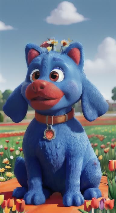  {The red ball nestled in a bed of colorful flowers like daisies and tulips, The big blue dog is large with sky blue fur, big round eyes, a black nose, and floppy ears.