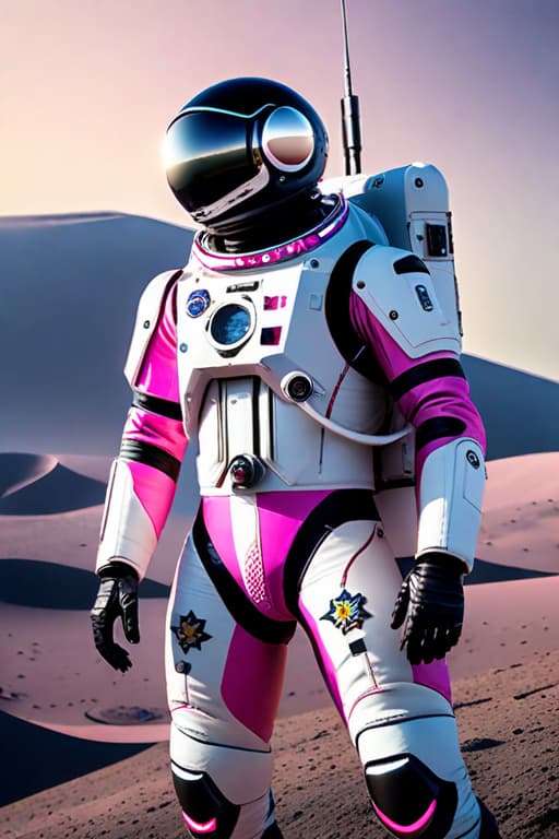  Pink Dalmatian , in space suits on the Moon , high detailed , 8K hyperrealistic, full body, detailed clothing, highly detailed, cinematic lighting, stunningly beautiful, intricate, sharp focus, f/1. 8, 85mm, (centered image composition), (professionally color graded), ((bright soft diffused light)), volumetric fog, trending on instagram, trending on tumblr, HDR 4K, 8K