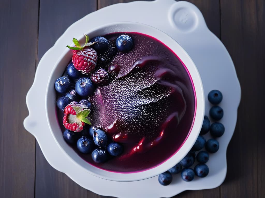  A closeup, ultradetailed image of a vibrant red raspberry dripping with a rich, deep purple blueberry compote, set against a stark white background to highlight the intense color and texture of the fruits. hyperrealistic, full body, detailed clothing, highly detailed, cinematic lighting, stunningly beautiful, intricate, sharp focus, f/1. 8, 85mm, (centered image composition), (professionally color graded), ((bright soft diffused light)), volumetric fog, trending on instagram, trending on tumblr, HDR 4K, 8K