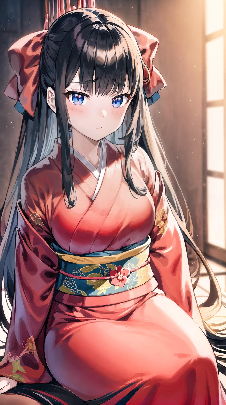  master piece , best quality,A young female anime character is wearing a traditional Japanese red kimono. She is young, with large blue eyes and a serious, calm expression on her face. Her hair is long and black and tied back with two ribbons adorned with red bows. She is facing front, slightly to the left. The background is dynamic, with bright red fluid flowing around the character and strong contrasts of light and shadow. The flowing red fluid is in harmony with the floral pattern of her kimono, and light is focused on her face and front. The kimono is detailed, with flowing sleeves and floral patterns. The scene has a mystical or traditional feel, and the woman appears to be participating in some important ceremony. The aspect ratio of