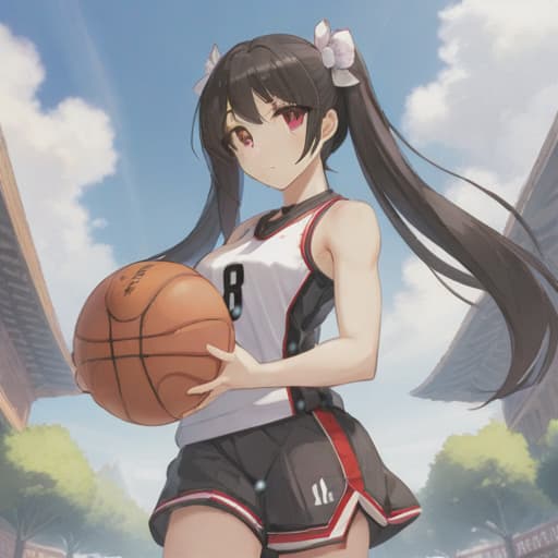  anime girl black hair bright dark brown eyes red and white basketball uniform with the number 18 and the name Nicky white and black shoes Have your hair in a medium high ponytail with two strands on the sides of your ears, have a basketball and look full body Pastel Palette, Da Vinci's Dreams, Picasso's , Sunrise Splendors, Floral Fantasy, Mystical Moonscapes, Urban Nature, Crystal Clear, Cinematic hyperrealistic, full body, detailed clothing, highly detailed, cinematic lighting, stunningly beautiful, intricate, sharp focus, f/1. 8, 85mm, (centered image composition), (professionally color graded), ((bright soft diffused light)), volumetric fog, trending on instagram, trending on tumblr, HDR 4K, 8K