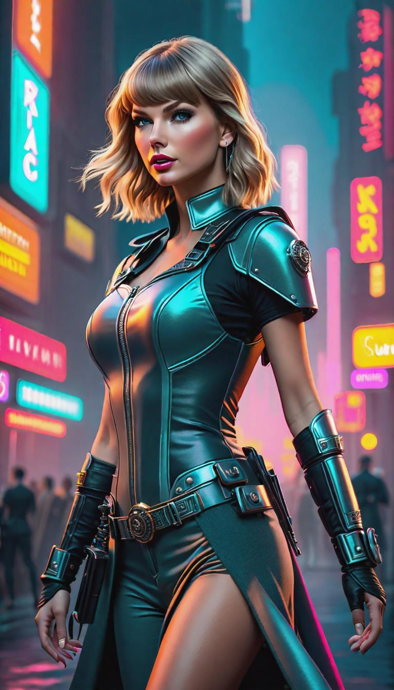  Cyberpunk style depiction of Taylor Swift as a tour guide . The scene is set in a world where technology has advanced, but society and human conditions have not, creating a gritty, dystopian atmosphere. hyperrealistic, full body, detailed clothing, highly detailed, cinematic lighting, stunningly beautiful, intricate, sharp focus, f/1. 8, 85mm, (centered image composition), (professionally color graded), ((bright soft diffused light)), volumetric fog, trending on instagram, trending on tumblr, HDR 4K, 8K