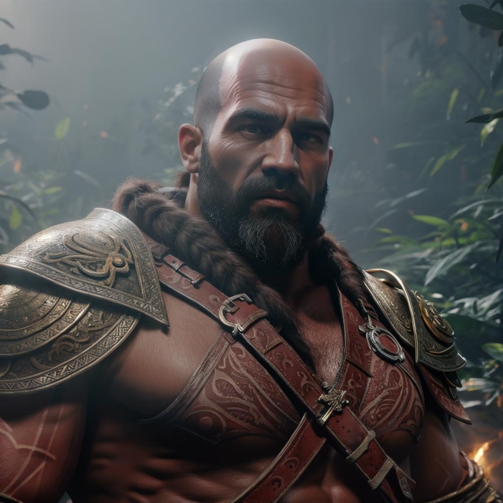  God of war hyperrealistic, full body, detailed clothing, highly detailed, cinematic lighting, stunningly beautiful, intricate, sharp focus, f/1. 8, 85mm, (centered image composition), (professionally color graded), ((bright soft diffused light)), volumetric fog, trending on instagram, trending on tumblr, HDR 4K, 8K