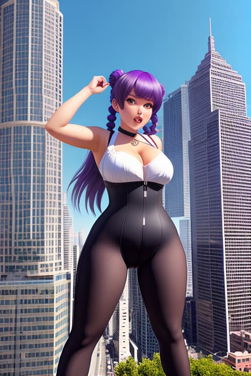  (giantess bigger growth), (100 times taller than a human, giantess girl), The agromatic girl, (agromatic growth of the gigantic), Looking at the city,purple hair,orange eyes, White clothes, Juicy and hot Gigantomachy, Embarrassed giant girl, From the top, giantess girl looks at Maya storuna, Super mega big woman, Hot outfit, Joy on your face, (gigantic woman walks around the city), big big big growth, giantess giantess giantess growth, Hairstyle of a square, pigtail, Big eyes