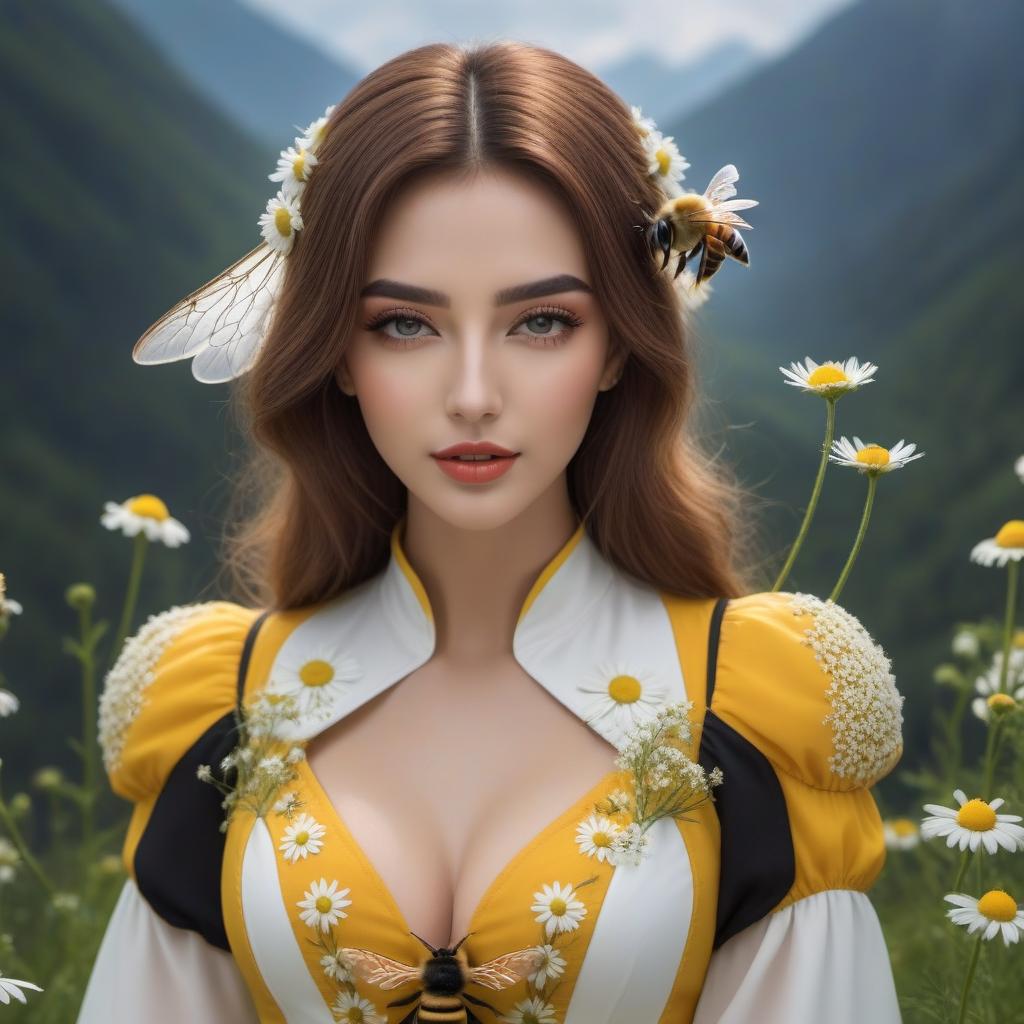  The girl kisses the chamomile and a bee on the chamomile against the backdrop of wildflowers.Style Realism hyperrealistic, full body, detailed clothing, highly detailed, cinematic lighting, stunningly beautiful, intricate, sharp focus, f/1. 8, 85mm, (centered image composition), (professionally color graded), ((bright soft diffused light)), volumetric fog, trending on instagram, trending on tumblr, HDR 4K, 8K