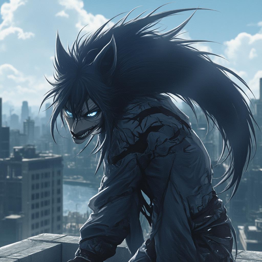  a menacing wolf boy anime character, with sharp, piercing blue eyes, stands on a rooftop overlooking a cityscape. his large, bushy tail swishes behind him as he lets out an evil smirk. his fur is a dark, midnight gray, and his clothes are torn and ragged. he is a villain, but there is a hint of sadness in his eyes, suggesting a complex backstory. anime style, dynamic pose, detailed background.anime style, from famous artist, deviantart art work, hyper detail, intricated details, sharp focus, high resolution, 8k, ultra detailed hyperrealistic, full body, detailed clothing, highly detailed, cinematic lighting, stunningly beautiful, intricate, sharp focus, f/1. 8, 85mm, (centered image composition), (professionally color graded), ((bright soft diffused light)), volumetric fog, trending on instagram, trending on tumblr, HDR 4K, 8K