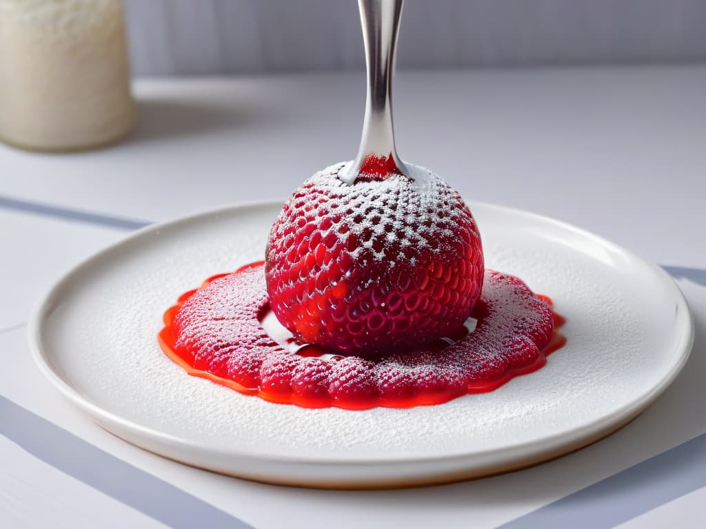  An ultrahighresolution image of a perfectly clear, glossy sphere of raspberry geleé suspended delicately on a silver spoon, with a soft, focused background showcasing the intricate texture of the dessert. The vibrant red color of the geleé contrasts beautifully with the metallic sheen of the spoon, highlighting the precision and artistry of gelification techniques in pastry making. hyperrealistic, full body, detailed clothing, highly detailed, cinematic lighting, stunningly beautiful, intricate, sharp focus, f/1. 8, 85mm, (centered image composition), (professionally color graded), ((bright soft diffused light)), volumetric fog, trending on instagram, trending on tumblr, HDR 4K, 8K