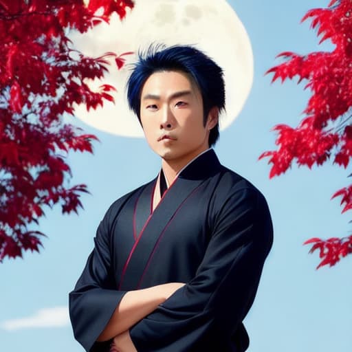 modelshoot style portrait a handsome Musashi Miyamoto with two swords, detailed eyes, perfect face, complete body parts. Put a background of full moon and 🍁 floating in the air unreal high quality.