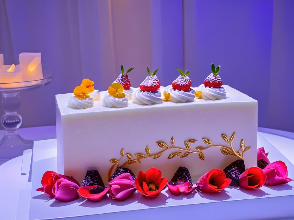  A highresolution image of a sleek, modern charity dessert event setting, featuring a long marble table adorned with an array of beautifully plated classic and trendy desserts. The desserts range from elegantly crafted traditional cakes to avantgarde molecular gastronomy creations, all delicately garnished with edible flowers and gold leaf. The background is softly blurred to emphasize the desserts, with subtle lighting casting a warm, inviting glow over the scene. hyperrealistic, full body, detailed clothing, highly detailed, cinematic lighting, stunningly beautiful, intricate, sharp focus, f/1. 8, 85mm, (centered image composition), (professionally color graded), ((bright soft diffused light)), volumetric fog, trending on instagram, trending on tumblr, HDR 4K, 8K